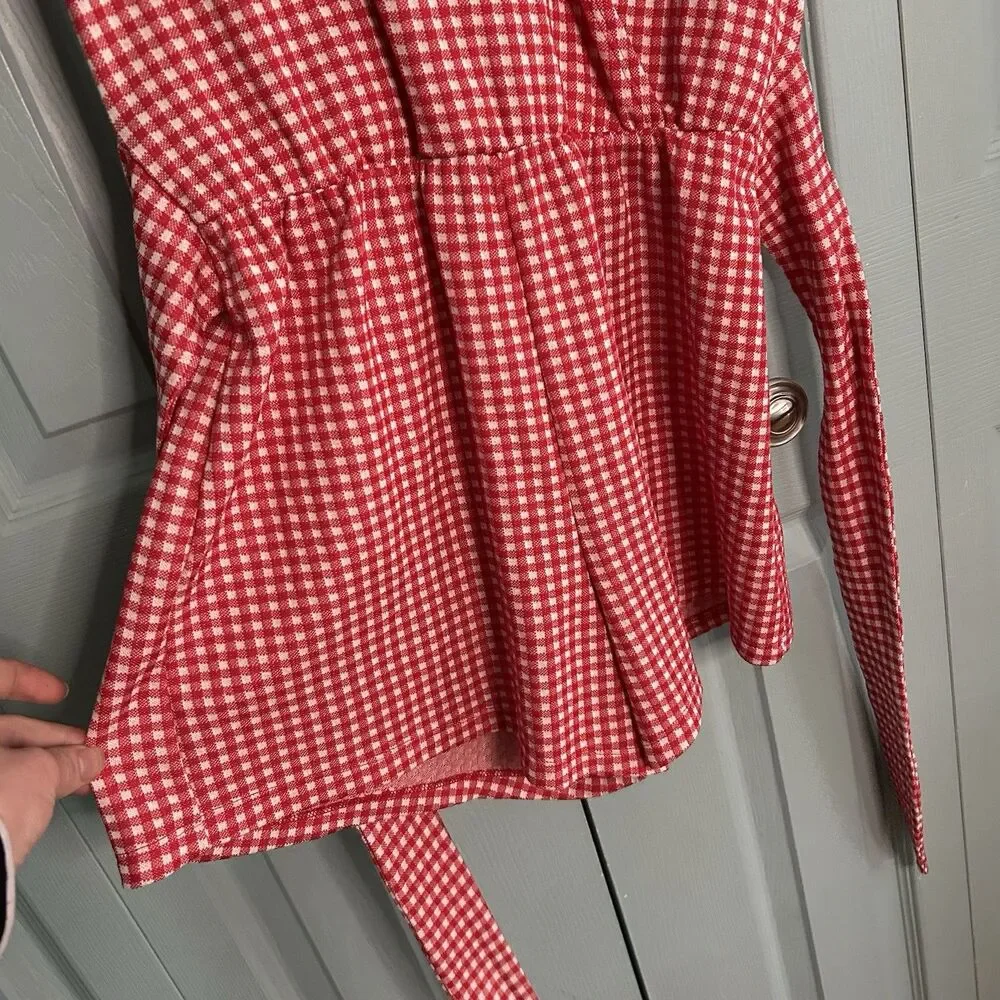 Zara Trafaluc TRF Women Red Check V-Neck‎ Waist Tie Wrap Romper Small